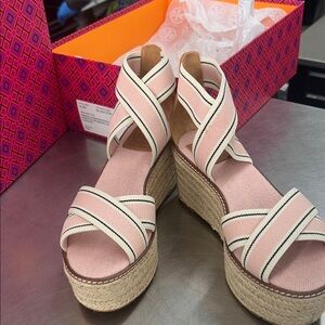 Tory Burch Pink and Cream Wedge Sandals